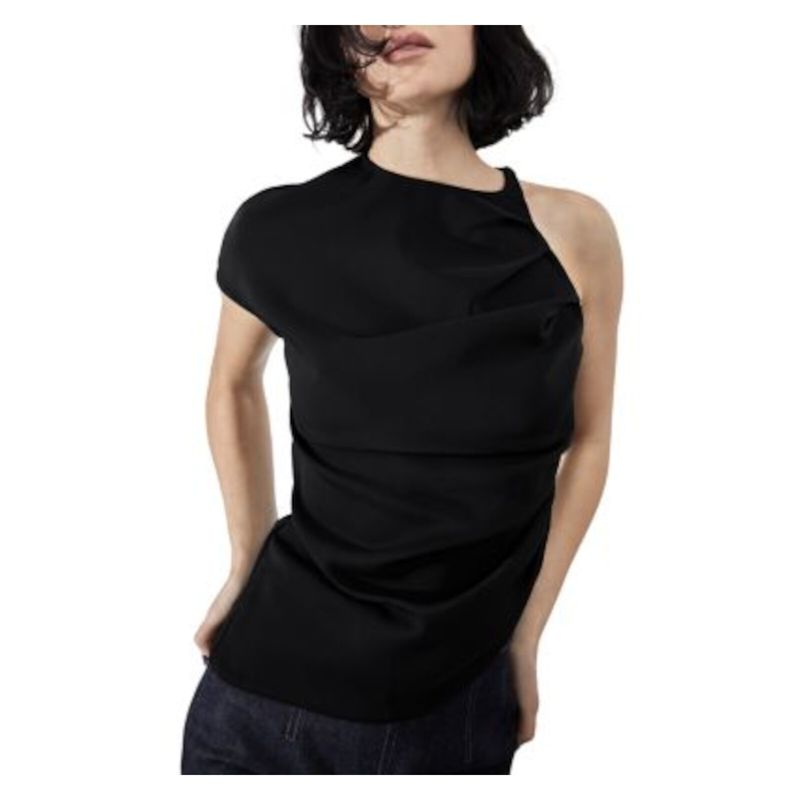 Et Ochs Womens Black Lined Drape Asymmetrical Hem Cap Sleeve Cocktail Top 2